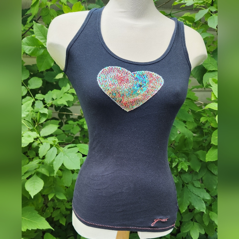 Guess Y2K Girlyโ Small Black Sequin Heart Stretchy Tank